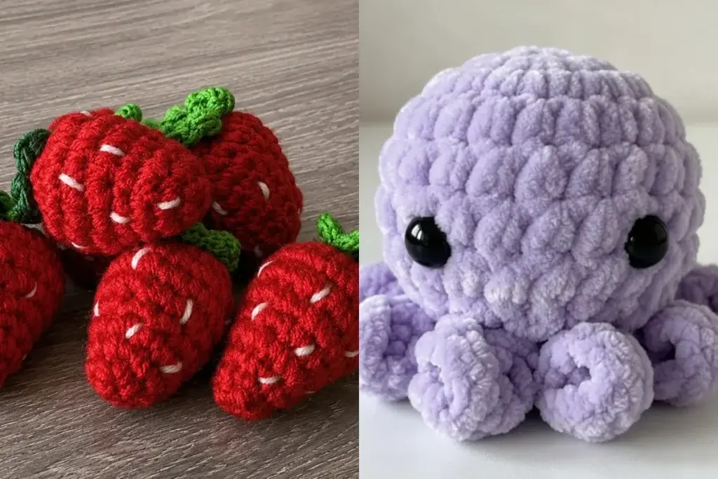 Selbst gehäkelte Amigurumi-Figuren: lila Oktopus und rote Erdbeeren