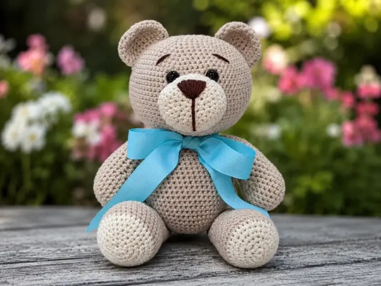 Gehäkelter Teddybär in Hellbraun, sitzend