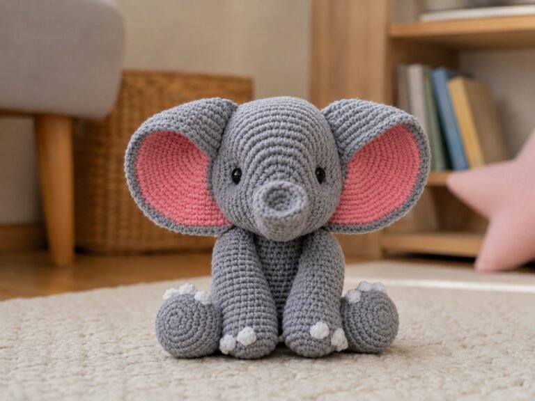 Gehäkelter grauer Elefant mit rosa Ohren