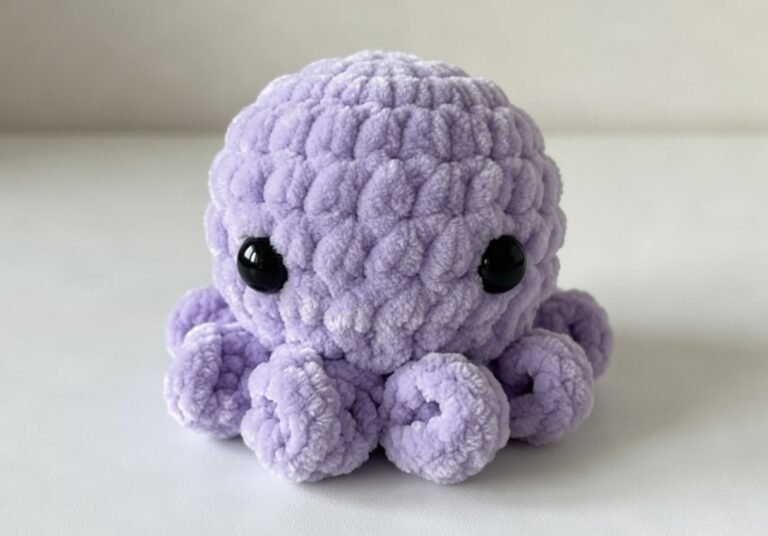 Gehäkelter Oktopus in Flieder aus Chenillegarn